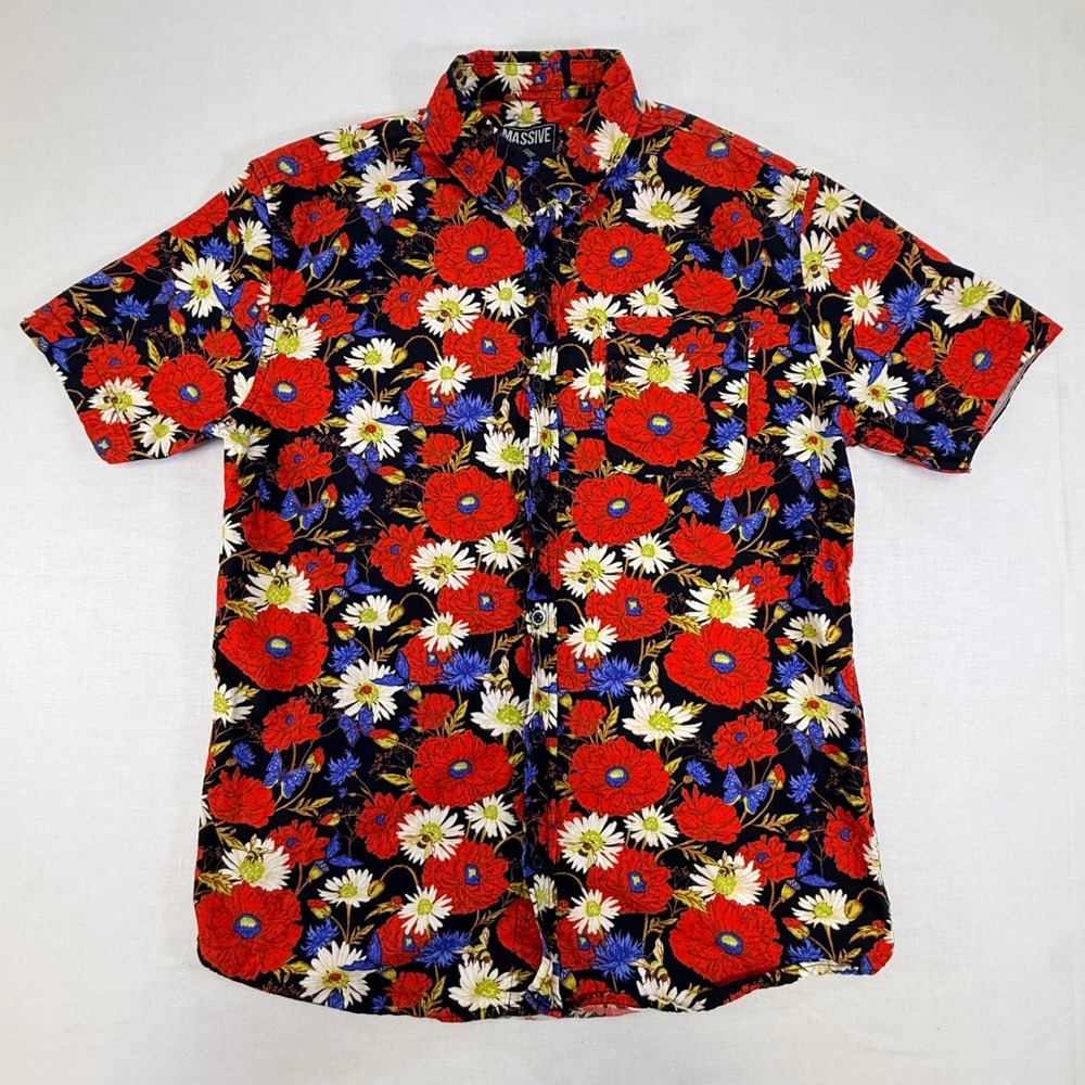 Massive Mens Floral Butterfly Print Cotton Short Sleeve Button Down Shirt Small